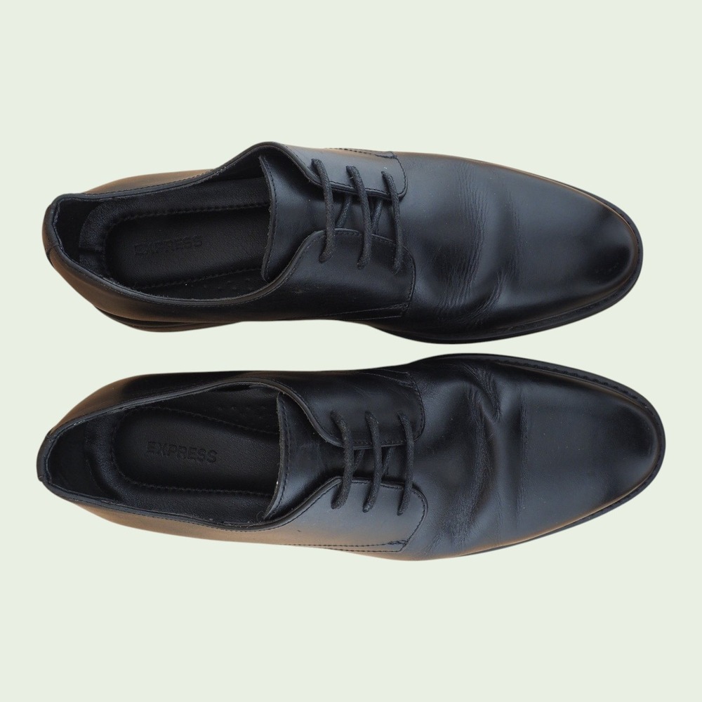 Express Mens Size 10 Black Plain Toe Derby Shoes Classic Leather Formal Dress - Picture 10 of 14